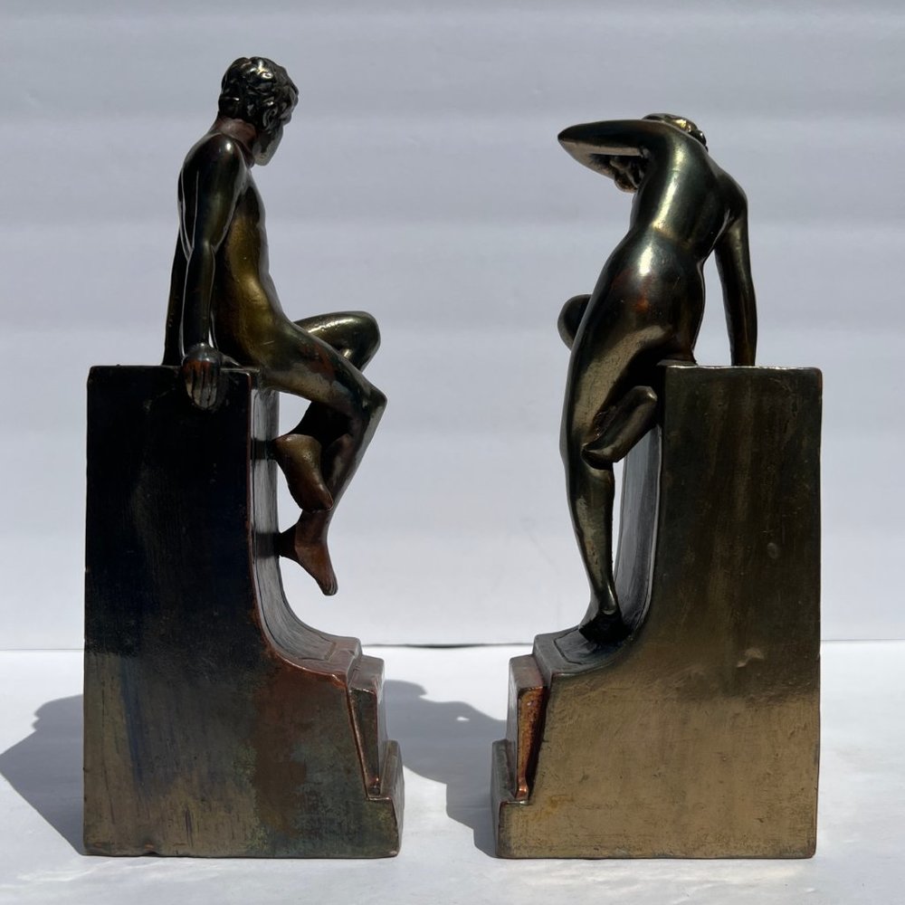 Bronze Bookends Nude Man Woman Art Nouveau Sculpture Circa 1916 “Classic Art” - Picture 2 of 16